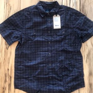 Prana Men’s size M Navy Blue Plaid Short Sleeve Button Down